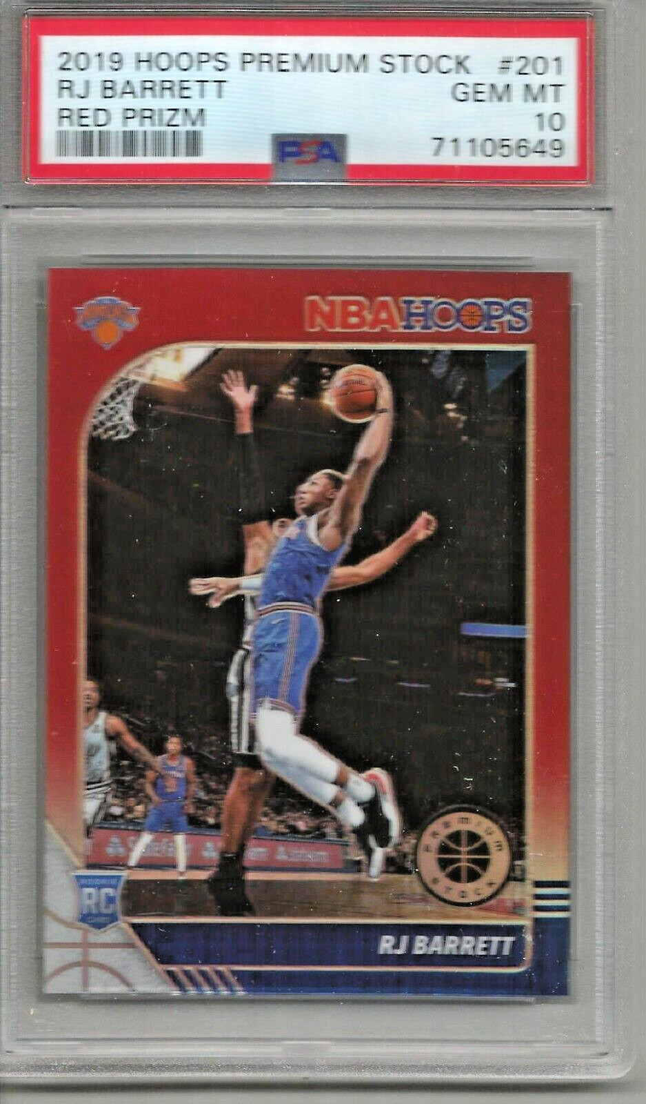 RJ Barrett 2019/20 Panini Hoops Premium Stock Red Prizm Rookie (#201) PSA 10