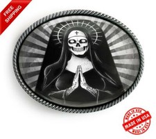 Santa Muerte Belt Buckle - Day of the Dead Skull Handmade Oval Buckle - 119-2