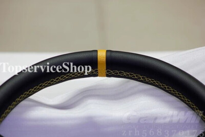 MOMO 350mm 14' Genuine Leather Deep Cone 90mm Black Spoke Sport