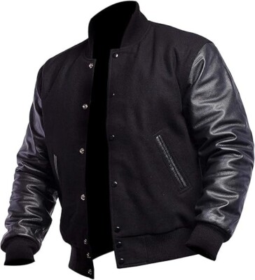 Letterman Varsity Collage Baseball Mens Black Leather High School