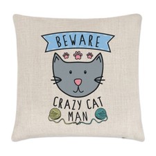 Beware Crazy Cat Man Linen Cushion Cover Pillow - Funny Animal Kitten