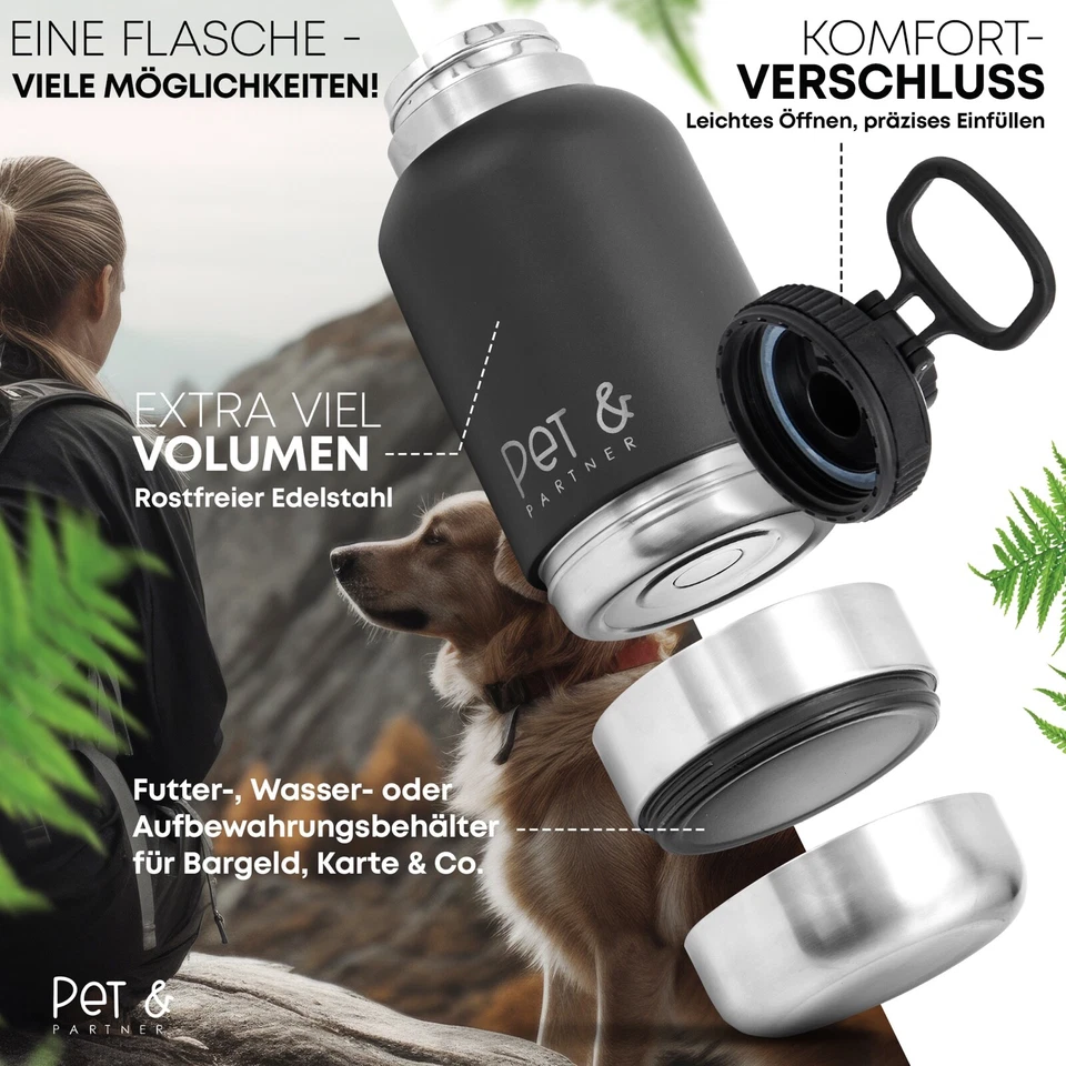 Hundetrinkflasche Edelstahl 950ml + Tasche Inkl. 2x Hundenapf & Kotbeutelspender - Bild 2 von 4