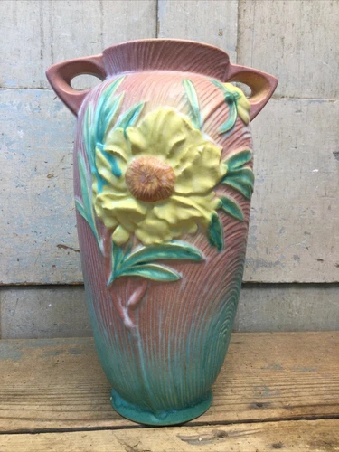 Vintage Roseville Lg Peony Mauve Pink / Green Handled Vase - Marked: 67-12