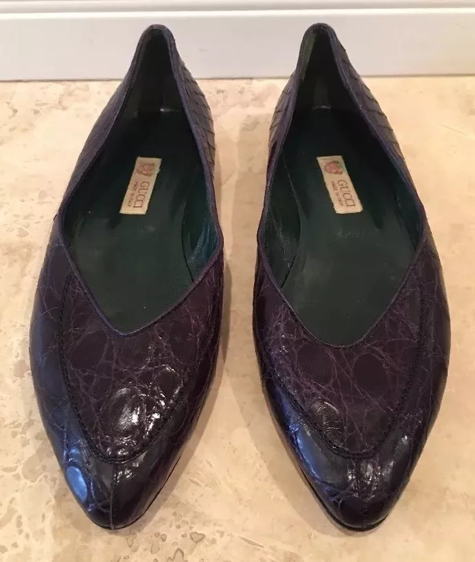 Chaussures plates GUCCI véritable crocodile alligator violet 38,5 Italie vintage RARE ! NEUF !!