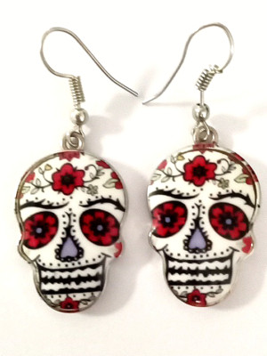 Sugar Skull, Enamel, Pierced, Dangle Earrings, 1'', Stainless Steel Posts