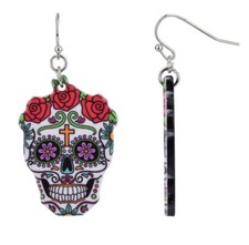 Halloween Sugar Skull Drop Earrings - Silver Tone - New