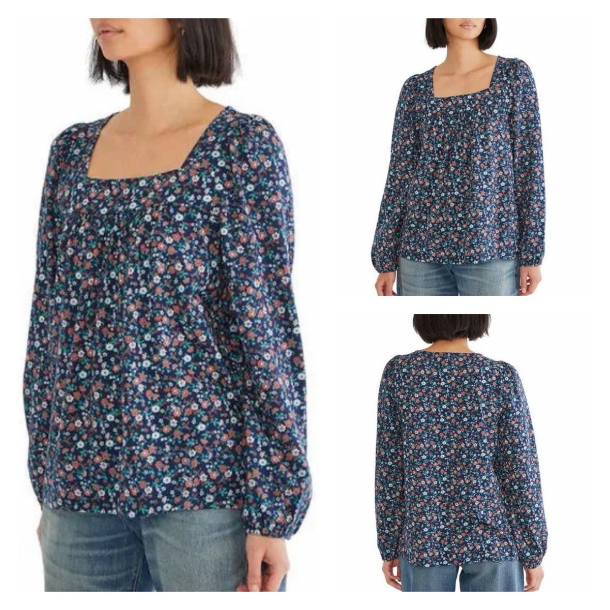 NWT: Lucky Brand Women's Square Neck Peasant Top, Navy, Red