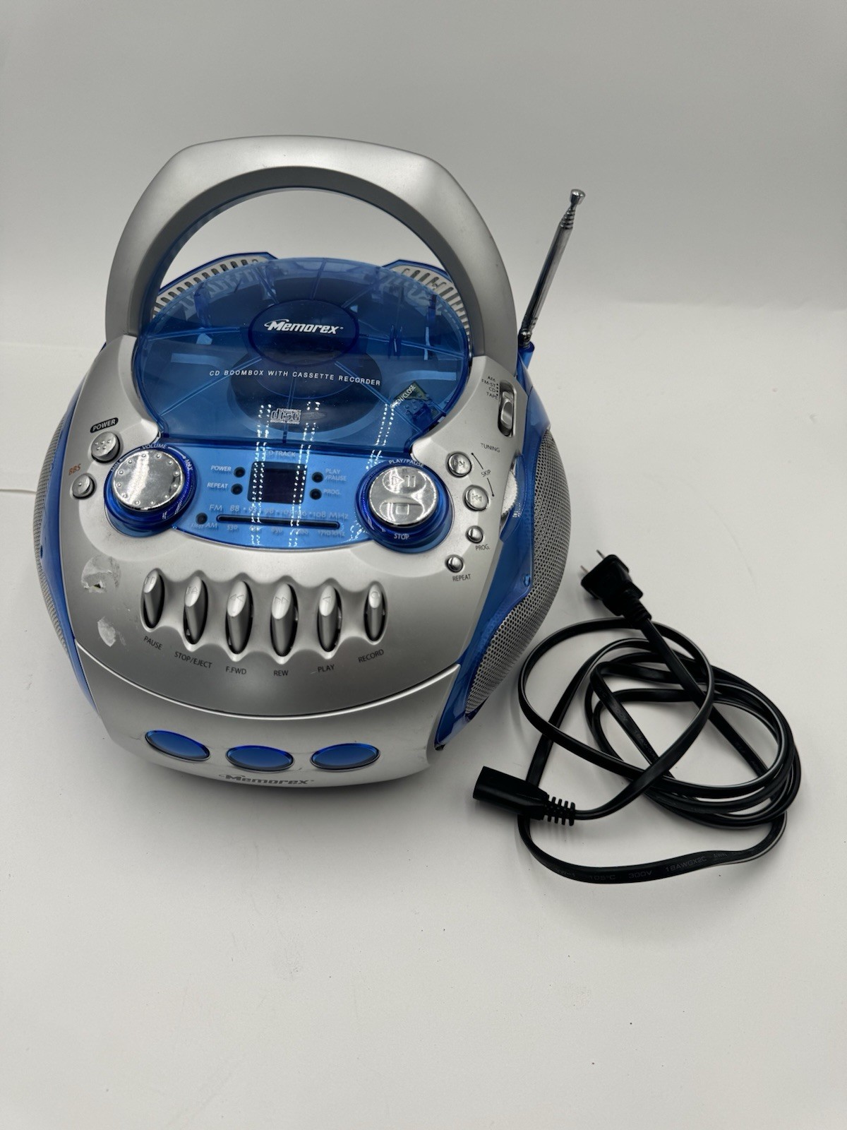Vintage 2004 Clear Blue Memorex MP3227 Radio Stereo Boombox 