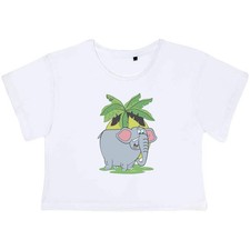 'Happy Elephant' Women's Cotton Crop Tops (CO059148)