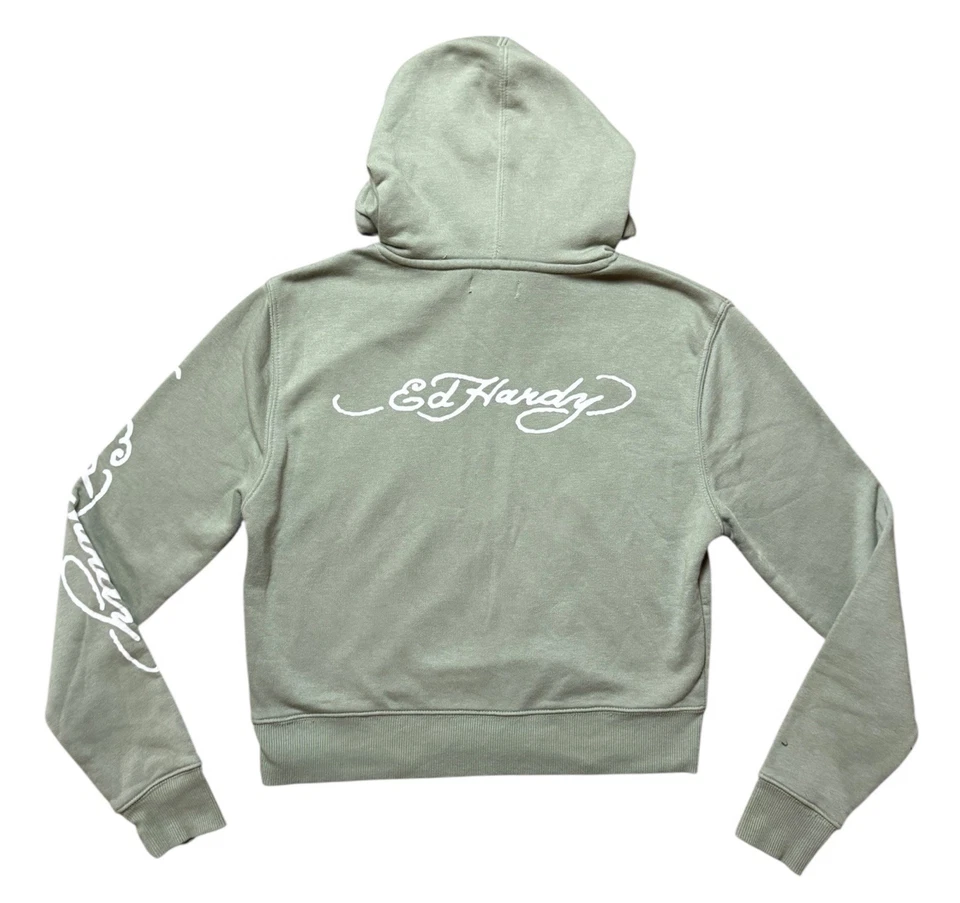 Sudadera con capucha Ed Hardy recortada Love Kills tatuaje polar Y2K mujer talla pequeña EHWR1501-5 Foto 3 de 4