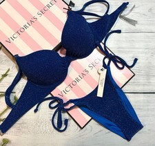 Victoria  s Secret Swim Shimmer Icon Push-Up Bikini Side Tie Brazilian Set Blue