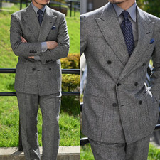 Grey Men Suit 2 Piece Double Breasted Peak Lapel Formal Business Blazer Trousers