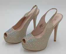 De Blossom Nelson-34 Nude Sparkle Platform Heels Size 9 Peep Toe Slingback New