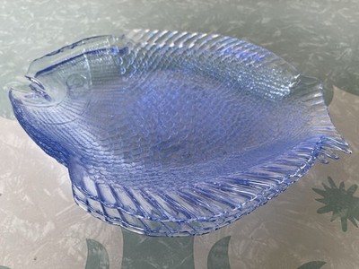 4 Pasabahce Fish Seafood Plates Blue Glass Beach Crab Crawfish Boil Dinner