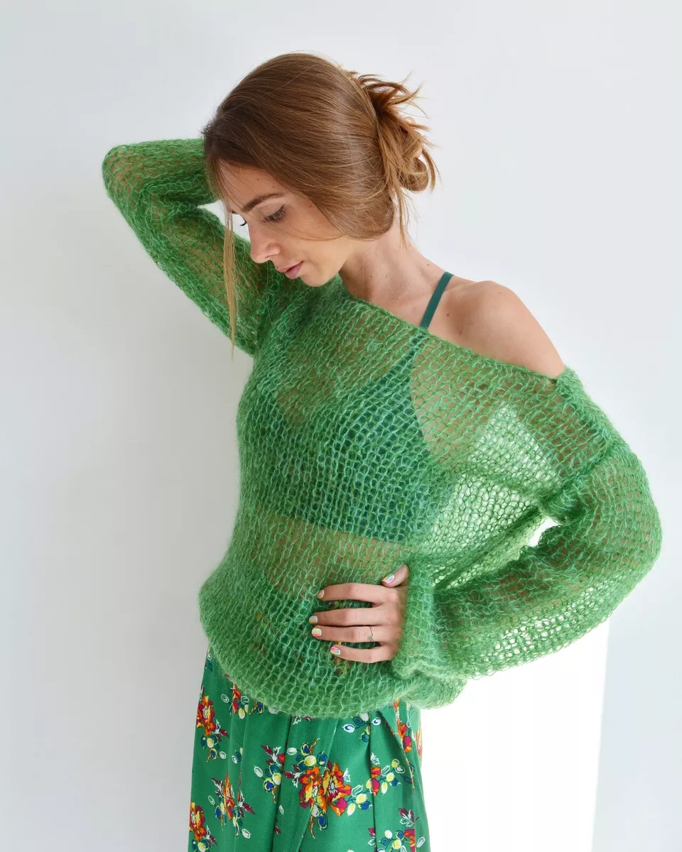 Green mohair lightweight sweater, Loose knit sweater, Handknit soft sweater