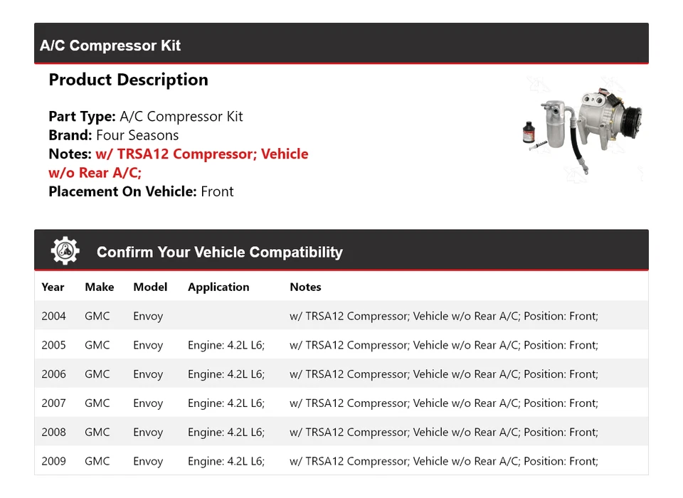 Kit de compresor de aire acondicionado delantero para GMC Envoy 2004-2009 4 estaciones 2005 2006 2007 2008 Foto 2 de 4