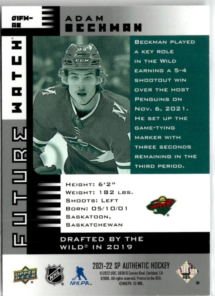 2021-22 SP Authentic FW retro Adam Beckman Rookie /900 #01FW-AB H7R2J - Image 2 of 2