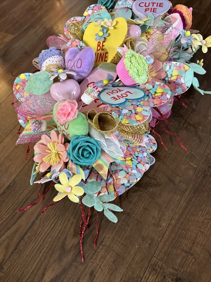 Conversation Hearts Candy Cupcakes Valentines Day Deco Mesh Front Door Wreath - Image 2 of 4