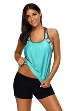 Women Multi Strap Racerback Floral Print 2 Piece Tankini Swimsuit Swim Wear Set