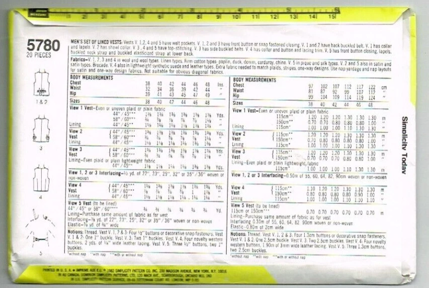 Mens Lined Vest Vests Pattern Simplicity 5780 Size 38 1980's Vintage Uncut FF - Image 2 of 2