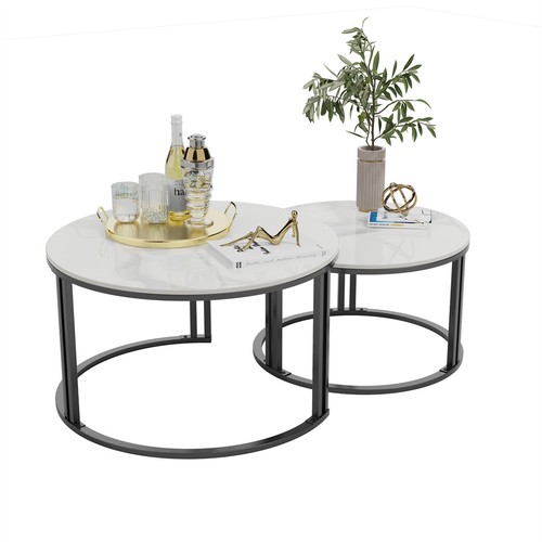 WISFOR Simple Nesting Table Circular Round Marble Tables Coffee Table White/Grey - Picture 15 of 19
