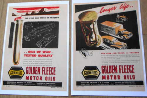 2 X 1946 AUSTRALIAN GOLDEN FLEECE MOTOR OILS FOR YOUR CAR TRUCK OR TRACTOR - Picture 1 of 3