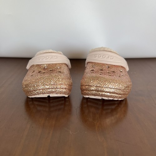 Crocs Toddler Girl Size 4C Rose Gold Pink Glitter Shoes Sandals Sherpa Lined C 4 - Picture 6 of 10