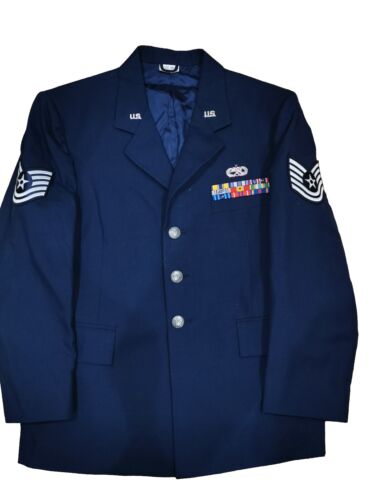 USAF Dress Blue Jacket 40X Short  Tech Sergeant E6 RIBBON Maintenance Badge - Afbeelding 1 van 8