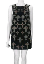 Versace 2012 Silk Byzantine Cross Shift Dress Women's sz 42 Black & Silver Metal