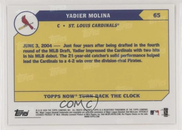 2020 Topps Now Turn Back the Clock /478 Yadier Molina #65 - Image 2 of 2