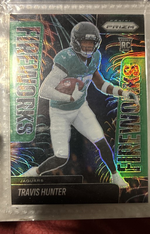 2025 Panini Prizm - Fireworks Travis Hunter #13 Green Prizm (RC)