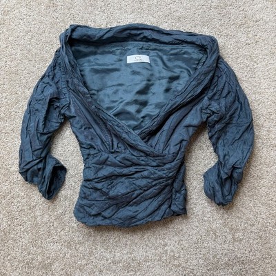 Sisi Blouse Womens 6 Blue V Neck Long Sleeve Ruched Wrap Satin Lined Party Top
