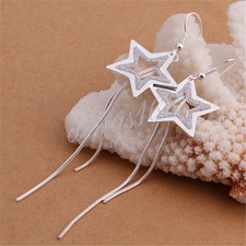 925 Sterling Silver Tarnish-Free 4" Open Star Long Threader Dangle Earrings C382