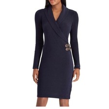 Chaps Cowl Neck Navy Blue Knit Sweater Wrap Dress With Brown Buckle XL $110 New