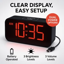 Battery Operated Digital Alarm Clock LED Red Numbers Small Travel Desk Clock USA