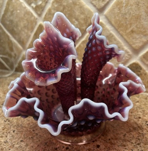 Vintage Fenton Plum Opalescent Hobnail 8" Epergne Exc Condition; See Pictures!