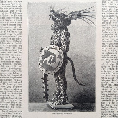 1885 Holzstich wood engraving Aztekischer Jaguar-Krieger Ocelotl aztec Warrior