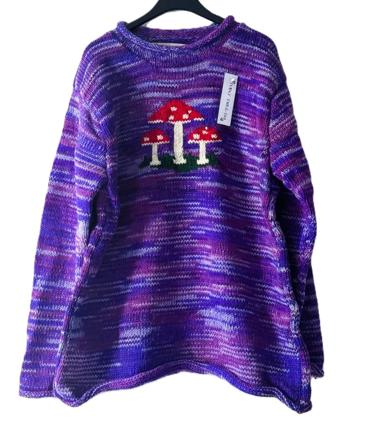 Handmade 100% Wool Rainbow Mushroom Sweater – Oversized Boho Unisex Pullover