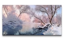 120x60cm Leinwandbild Winter Fluss Schnee Natur Stille Ruhe Friedlich