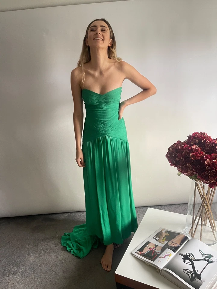 Maxi Vestido Corsé Verde HERVE LEGER Con Tren Talla S Reino Unido 8 Foto 4 de 4