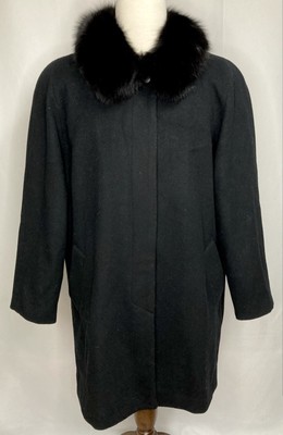 Vtg Forecaster Boston Long Wool Dress Coat Fox Fur Collar Plus 24 Mob Wife Black