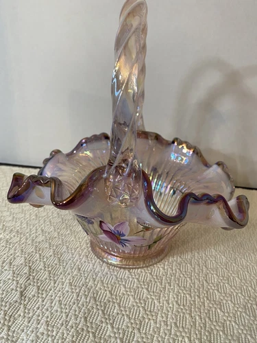 Fenton Pink Opal Amethyst Ribbon Candy Basket