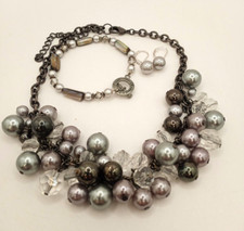 Mixed Jewelry Set Silver Tone  Black Faux Pearl Necklace Bracelet  Earrings