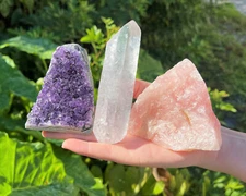Crystal Healing Set - Amethyst Cut Base, Clear Quartz Point & Rose Quartz Chunk