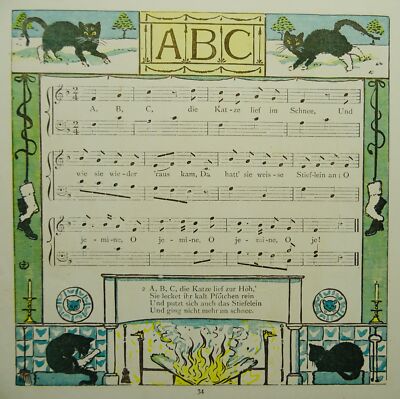 um 1877 Der Babystrauß A.B.C. die Kat-ze Rhyme & Tunes Print by Walter Crane