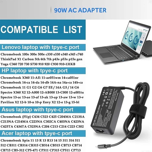 45W 65W 90W USB-C Type-C Adapter Laptop Charger For Lenovo ThinkPad Dell Acer HP - Picture 6 of 22