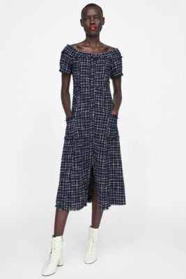 ZARA NAVY MIDI TWEED DRESS QUEEN LETIZIA BLOGGERS S SMALL 8 UK 8