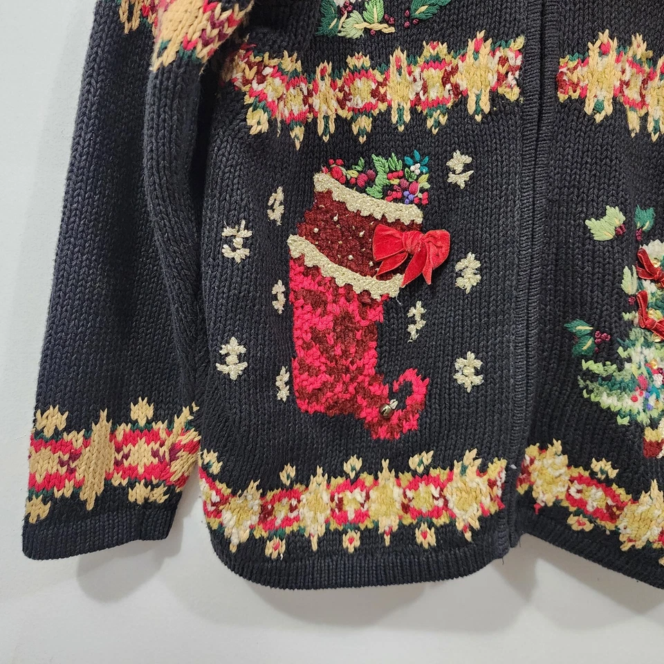 Vintage Fashion Bug Black Ugly Christmas Cardigan Sweater Bells Bows Holiday XL - Image 2 of 4