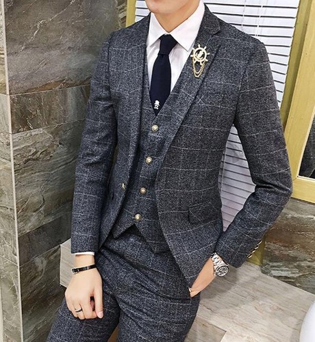 Wedding Mens Grid Blazer suits 3 Pcs 