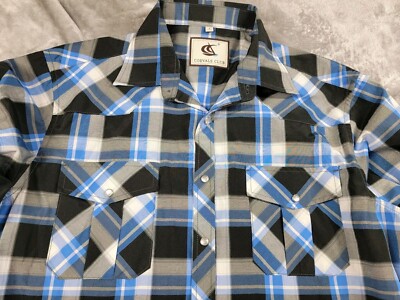 COEVALS CLUB Pearl Snap Shirt Western Roll up Sleeve Large Cowboy Blue Plaid